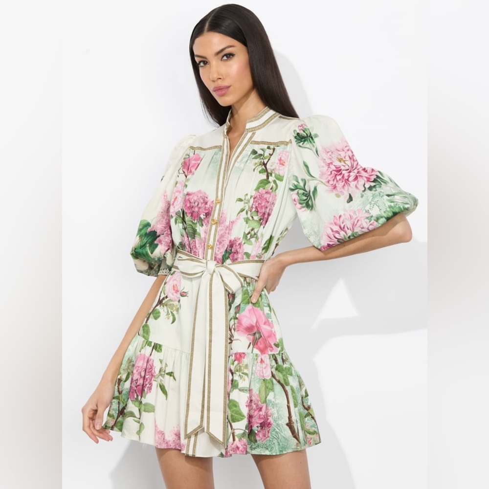 Alice + Olivia Floral Puff Sleeve Dress - White and Pink